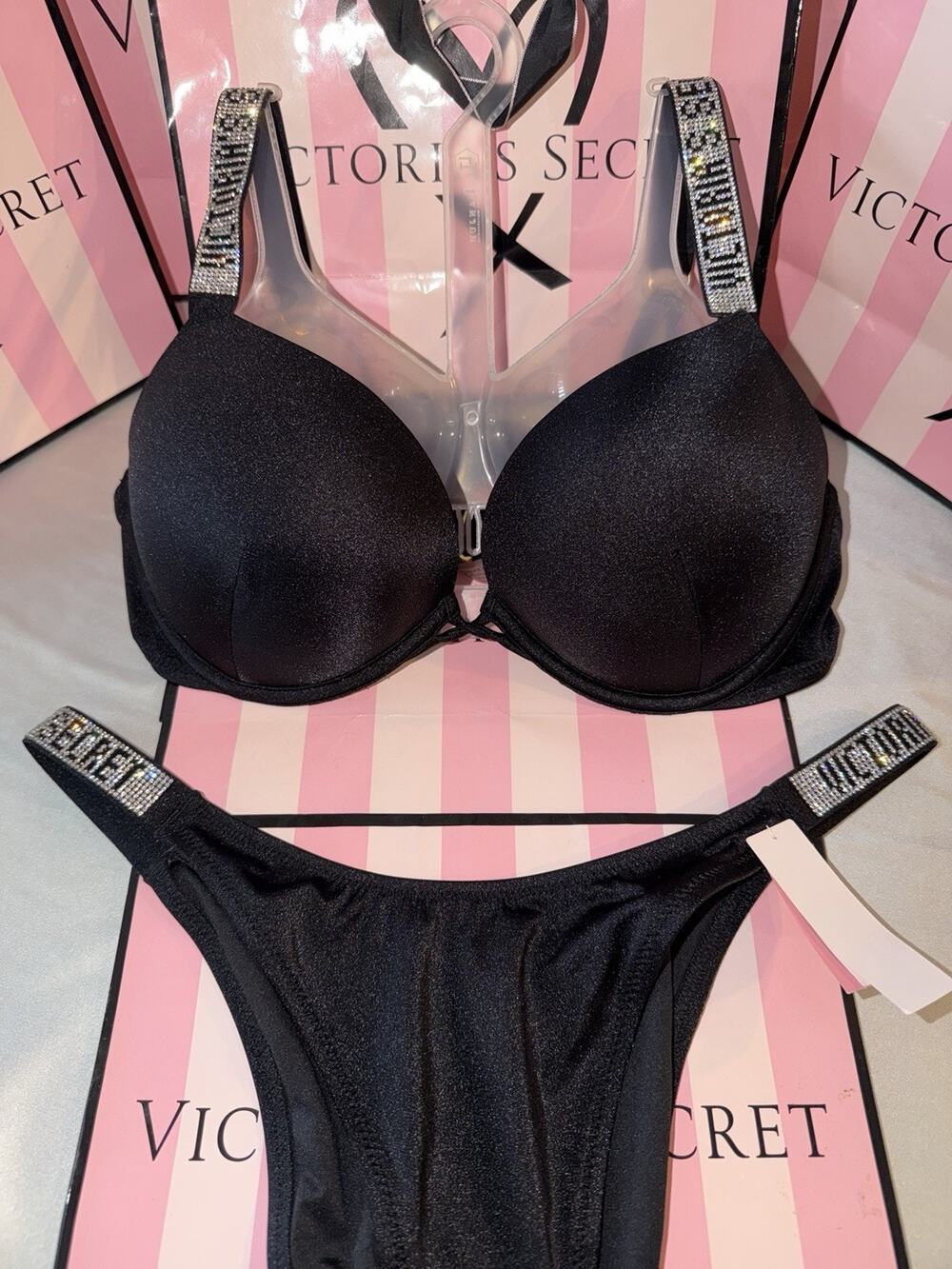 Victorias Secret Bombshell Swimsuit Shine Strap 36C Lge Bottoms Black